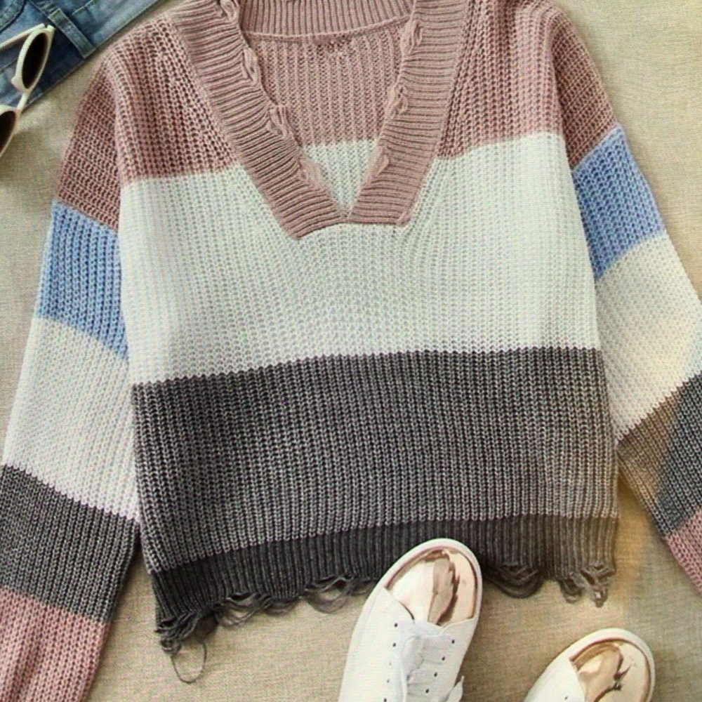 Shein vneck ripped detail colorblock sweater NWT sz small - Picture 2 of 5